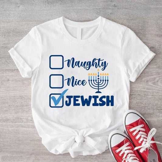 Naughty Nice Jewish Shirt, Funny Hanukkah Shirt, Menorah Candle T-Shirt, Jewish Gift Short Sleeve, Religious Saying Tee.
