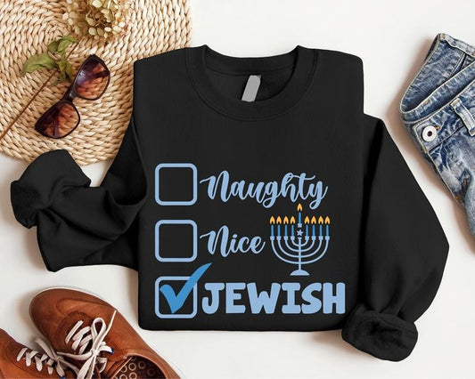 Naughty Nice Jewish Sweatshirt, Funny Hanukkah Hoodie, Menorah Candle Sweatshirt, Jewish Gift Long Sleeve, Religious Saying Sweatshirt.
