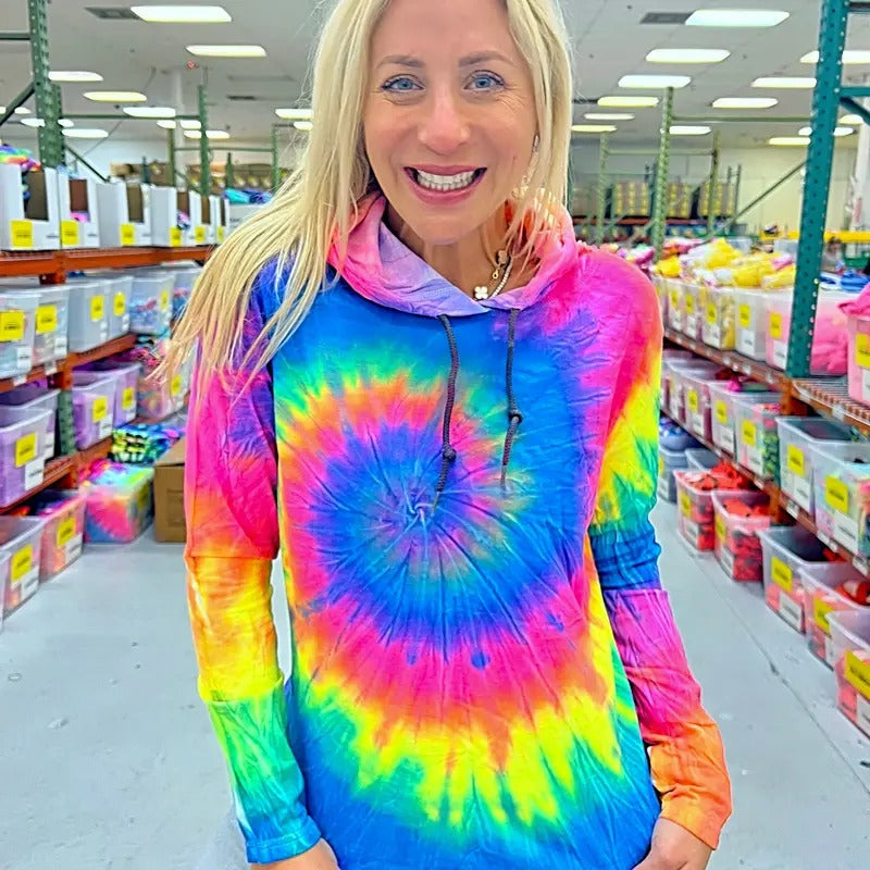 Neon Rainbow Tie-Dye Long Sleeve Hoodie Tee - Blank Sweatshirt | DripVista.com