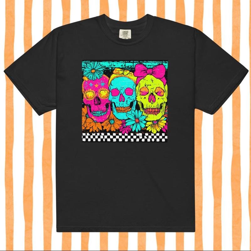 Neon Skulls Halloween Shirt - Unisex Relaxed Fit 100% Ring Spun Cotton DTG Printed USA Made Casual Top