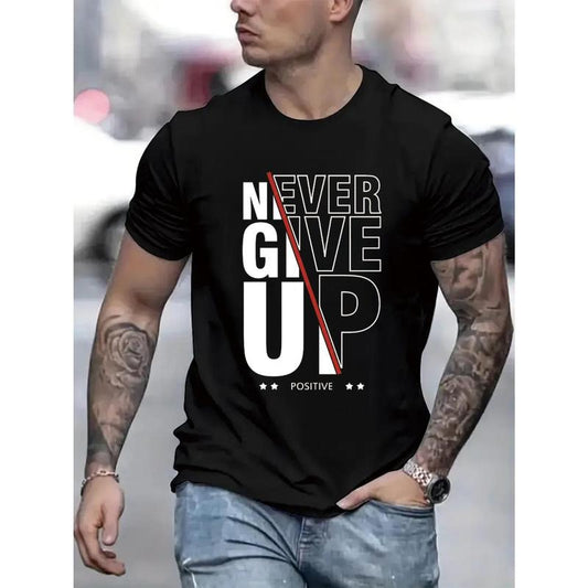 Never Give Up T-Shirt - Comfy, Casual, Elastic Crew Neck, Short Sleeve, Outdoor Activity-Friendly Top for Men Made in USA
