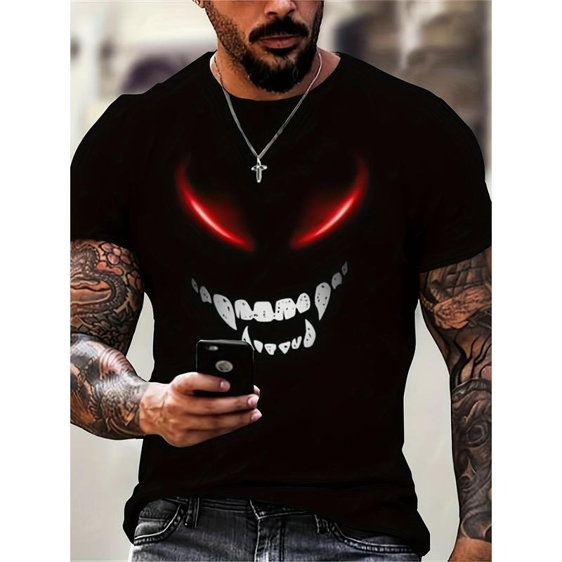 New Summer Trend Men'WB shield Short Sleeve Devil Smile Print Crew Neck T-shirt, Comfortable Leisure Sports Loose Fashion...