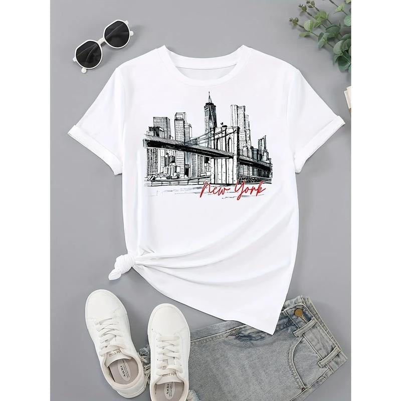 New York Print Crew Neck T-shirt Casual Short Sleeve Top For Spring & Summer Women'WB shield Clothing Hop Casual Female...