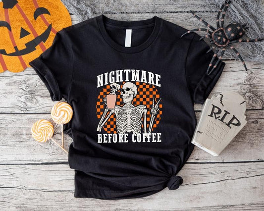Nightmare Before Coffee Shirt, Funny Skeleton Drinking Coffee T-Shirt, Unisex Coffee Lover Gift Tee, Spooky Season Short Sleeve, Caffeine Addict Gift Halloween Shirt.