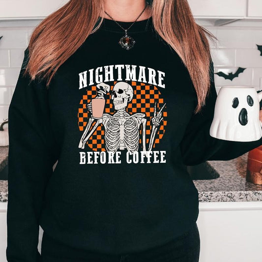 Nightmare Before Coffee Sweatshirt, Funny Skeleton Drinking Coffee Hoodie, Unisex Coffee Lover Gift Sweater, Spooky Season Long Sleeve, Caffeine Addict Gift Halloween Hoodie.