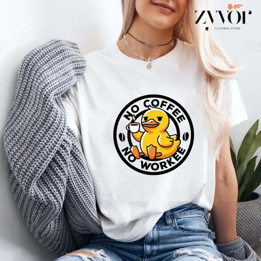 No Coffee No Workee Funny Tee Pure Cotton Casual Style Crew Neck Short Sleeve T-Shirt Tops Trendy for Women for Men, Perfect Gift