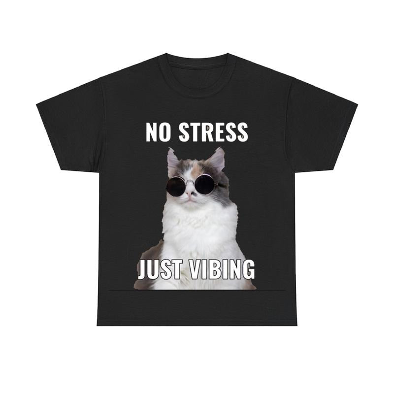 No Stress Just Vibing Funny Cat Tee, Meme Cat Tee