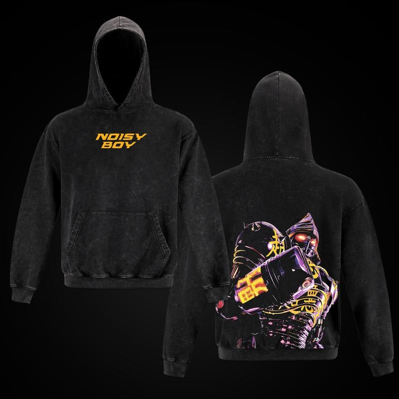 Noisy Boy - Real Steel Double Printed Oversize Lightweight Acid Washed Hoodie TV Series Graphic Top Cotton Streetwear...
