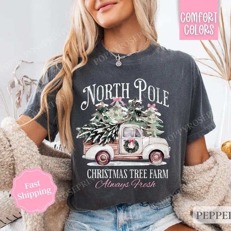 North Pole Christmas Tree Farm Shirt Holiday Tshirt, North Pole Tee Women's Holiday Shirts Hoodie, Sweatshirt | DripVista.com