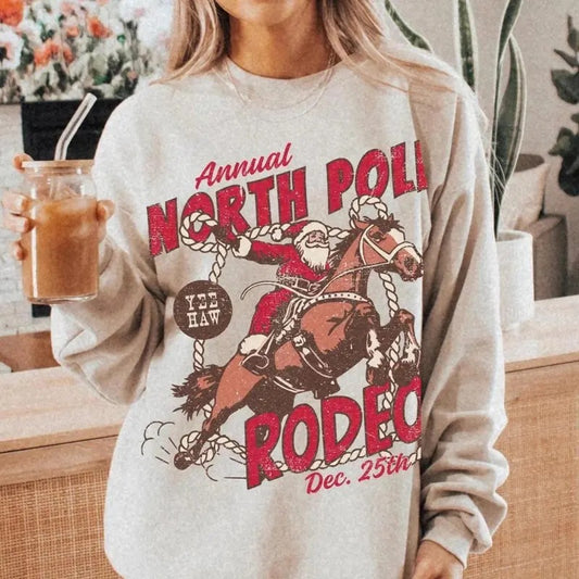 North Pole Rodeo Crewneck UNISEX, Country Christmas Western, Christmas Cowboy Santa Claus Shirt, Vintage Groovy Festive Sweatshirt, Santa Rodeo