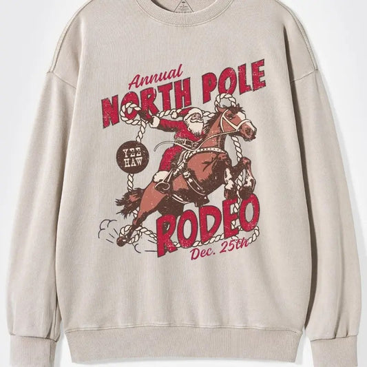 North Pole Rodeo Sweatshirt, UNISEX Cowboy Santa Crewneck Vintage Country Christmas Shirt, Western Santa Claus Groovy Festive
