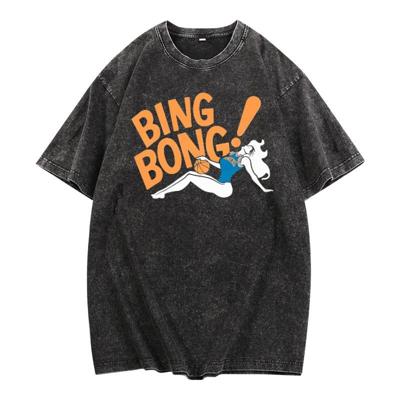 Nostalgic Washed Lightsaber brand - Shirt Featuring Playful "BING BONG!" Text Gunpla brand Stylish Spiky hair fighters