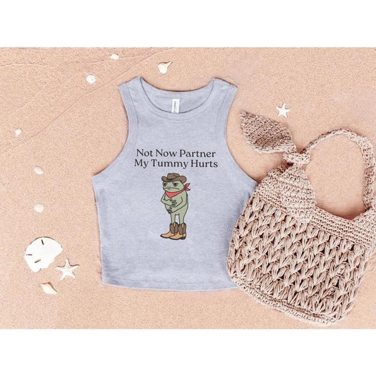 Not Now Partner My Tummy Hurts Racer Tank Top, Funny Dumb Shirt, IBS Lactose Intolerant Frog Racerback, Cringe Aesthetic