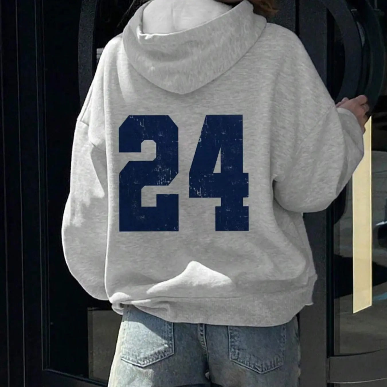 Women's Plain/Number "24" Print Thermal Lined Drawstring Pocket Hoodie, Casual Drop Shoulder Long Sleeve Hooded...