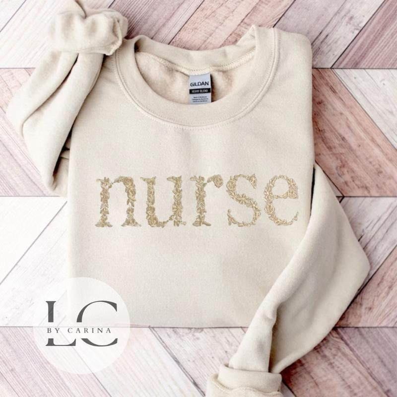 "Nurse" Floral Monochromatic Embroidered Sweatshirt - Stylish Medical Apparel - Custom Floral Design - Cozy Healthcare Jumper