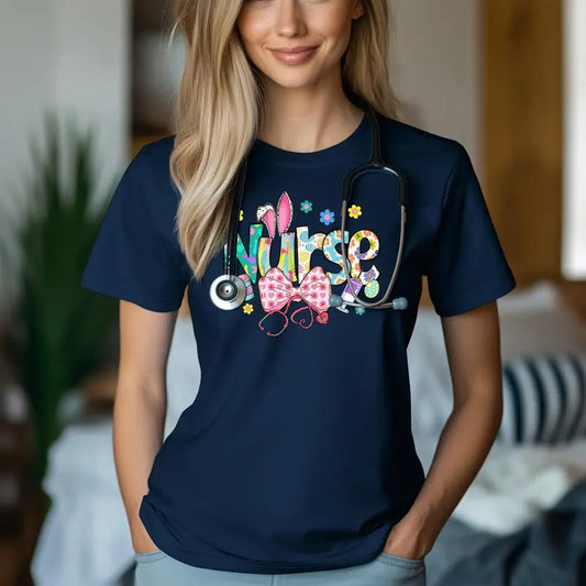Nurse Bunny Ears & Bow Cute Colorful Graphic Unisex T-Shirt | Trendy Easter Apparel for Medical Professionals Casual Comfort