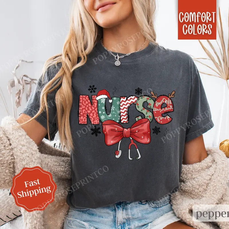 Nurse Christmas Shirt Comfort Colors, RN Xmas Tshirt, Women's Holiday Tee Hoodie, Sweatshirt | DripVista.com
