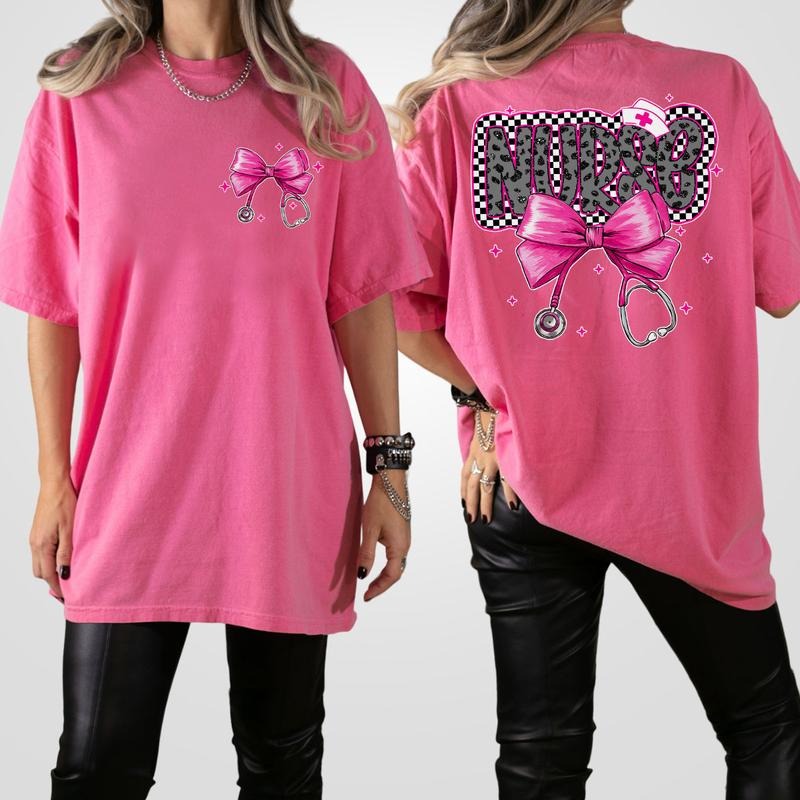 Nurse Graphic Tee with Pink Bow, Cute Nursing Shirt for Women, Stethoscope Design T-Shirt, Healthcare Worker Gift, Fun...