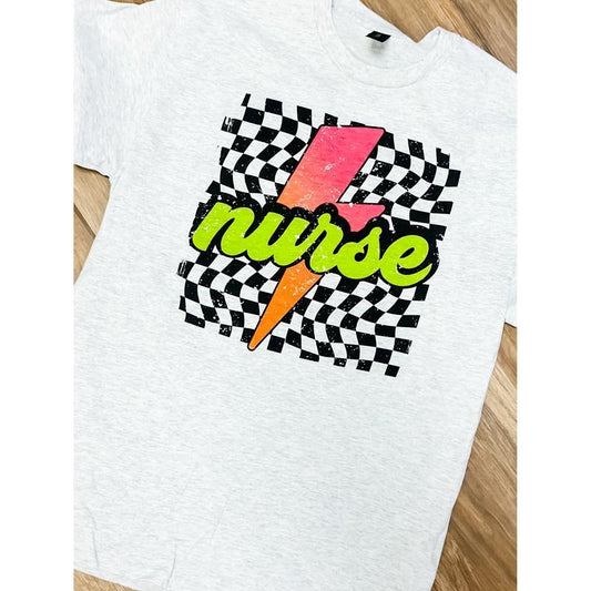 Nurse Neon Checkered Graphic Top