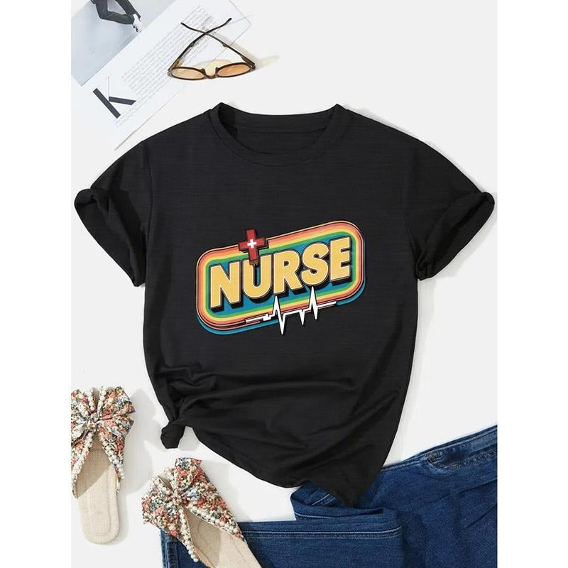 Nurse Retro Style Font Print T-Shirt, Casual Short Sleeve Crew Neck T-Shirt For Spring & Summer, Women'WB shield Clothing...