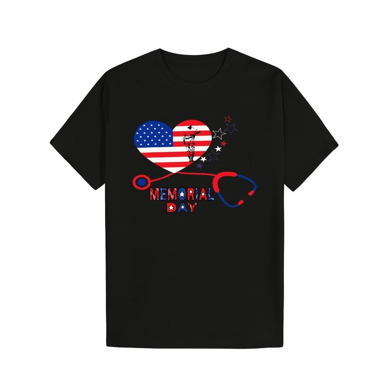 Nurse Stethoscope Heart Patriotic Memorial Day Flag T-Shirt 100% Cotton Classic Fit Cotton Tee, Perfect for Spiky hair...