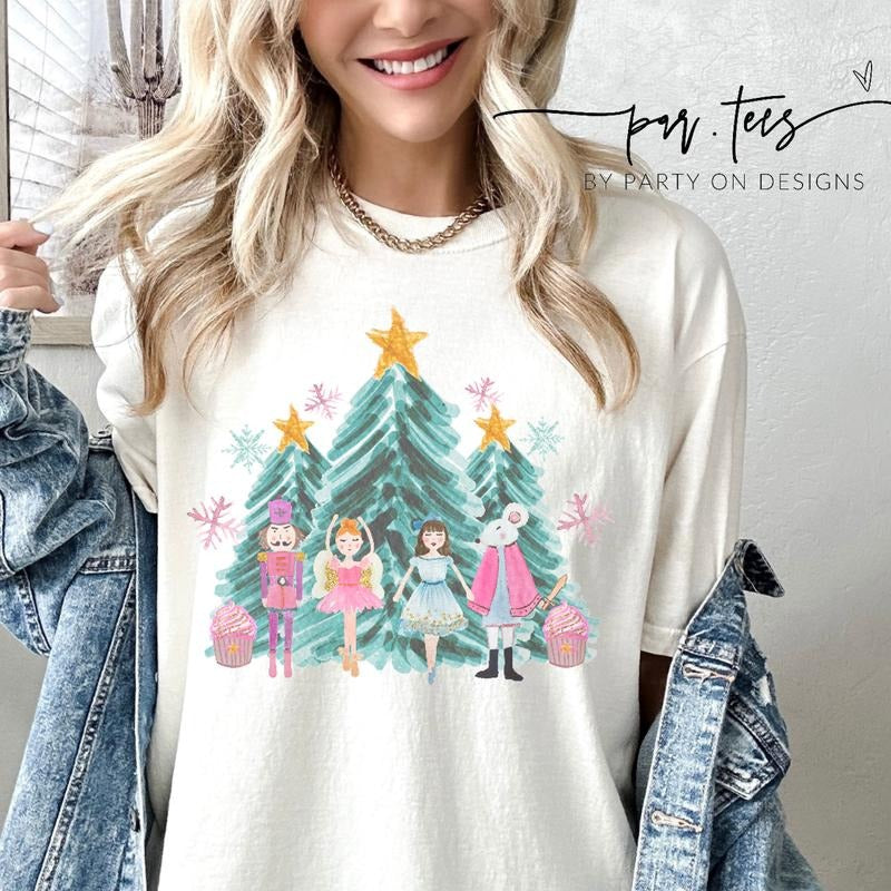 Nutcracker Christmas T-shirt festive xmas tee Santa Pink Tshirt Reindeer Pastel T-shirt Christmas tree Holiday Tee...