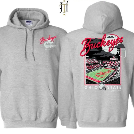 OHIO STATE BUCKEYES SCRIPT NIGHT SCENE Hoodie  , Ohio State University Football Hoodie , Ohio State Buckeyes Stadium Hoodie , Ohio State Football Graphic Hoodie , Game day apparel , Football fan gift , For sports event attendees , Perfect for game days