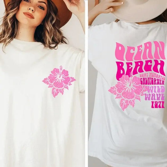 Ocean Beach Hoodie, Preppy Surf Memories California Sweatshirt, Trendy Embroidered T-Shirt For Surfer Girl