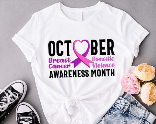 October Awareness Month Shirt, Breast Cancer Awareness T-shirt, Domestic Violence Tee, Purple And Pink Ribbon Shirt, Warrior Support Shirt, Survivor Gift Tee For Mom.