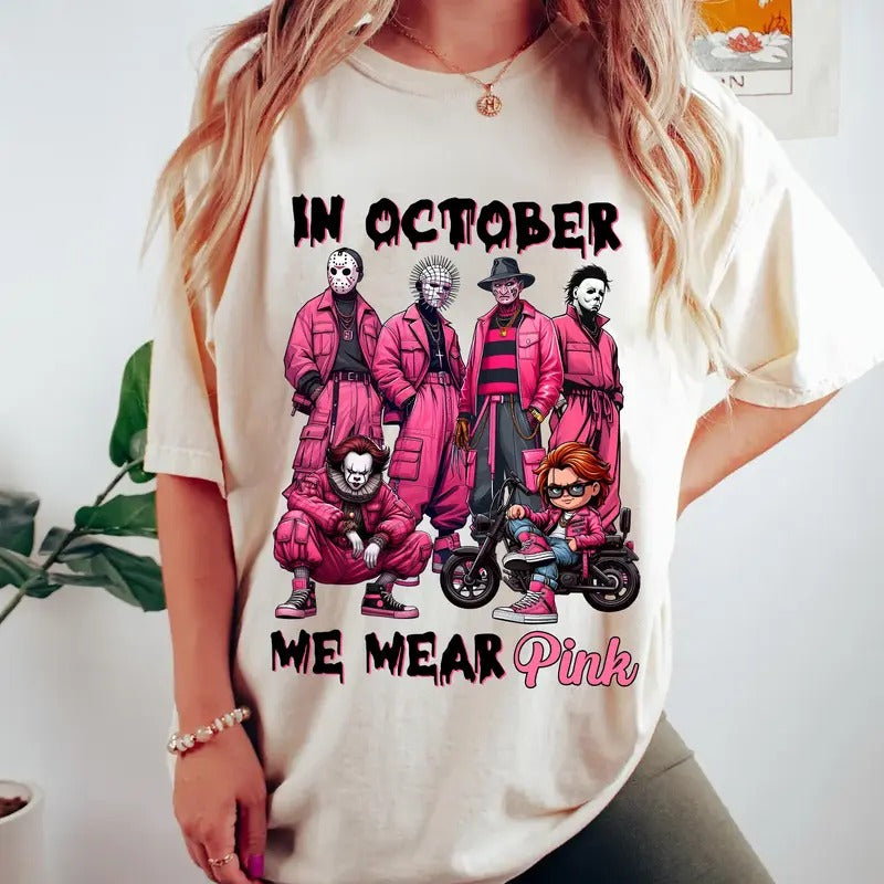 October We Wear Pink Horror Gangster Friends Cotton T-Shirt - Crewneck, Womenswear Hoodie, Sweatshirt | DripVista.com