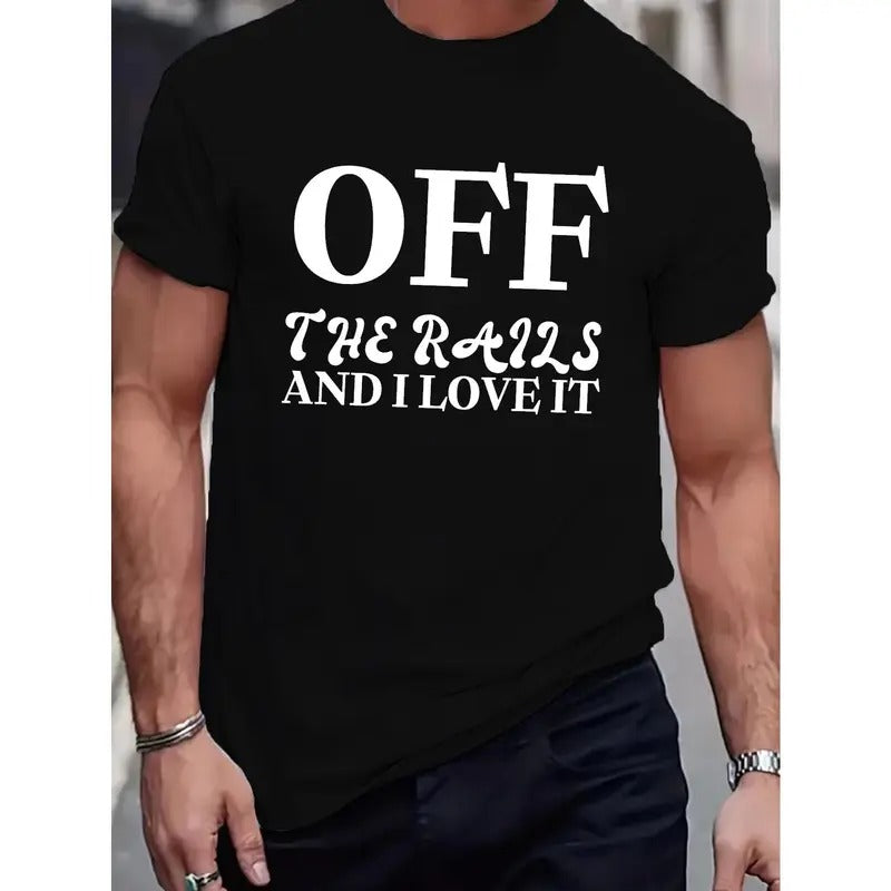 Off The Road And I Love It Letter Print Men's Short Sleeve Crew Neck T-Shirts, Comfy Casual Breathable Slightly Stretch Tops, Men's Clothing Made in USA