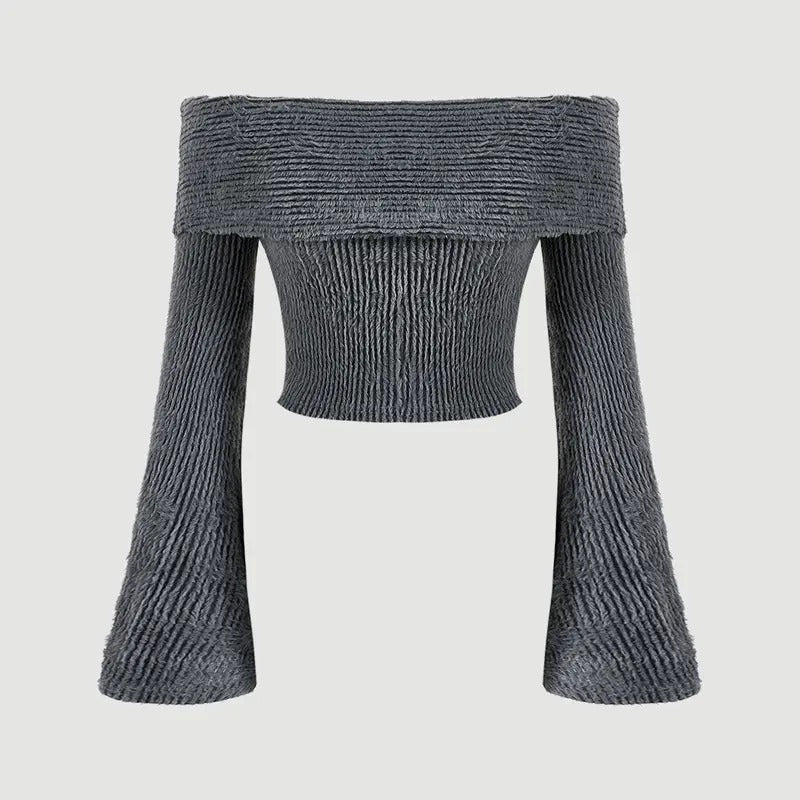 Off The Shoulder Sweater Bell Long Sleeve Slim Fitted Crop Tee TopY2K Hoodie, Sweatshirt | DripVista.com