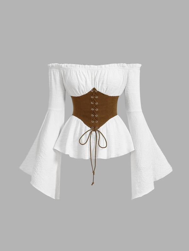 Off The Shoulder Tops Going Out Y2K Ruffle Long Sleeve Lace Up Blouse Shirt Tops Hoodie, Sweatshirt | DripVista.com