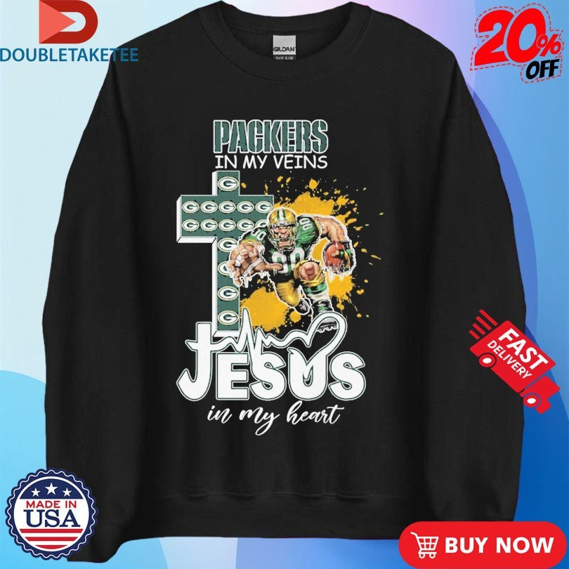 Official Green Bay Packers In My Veins Jesus In My Heart Mascot Cross Shirts