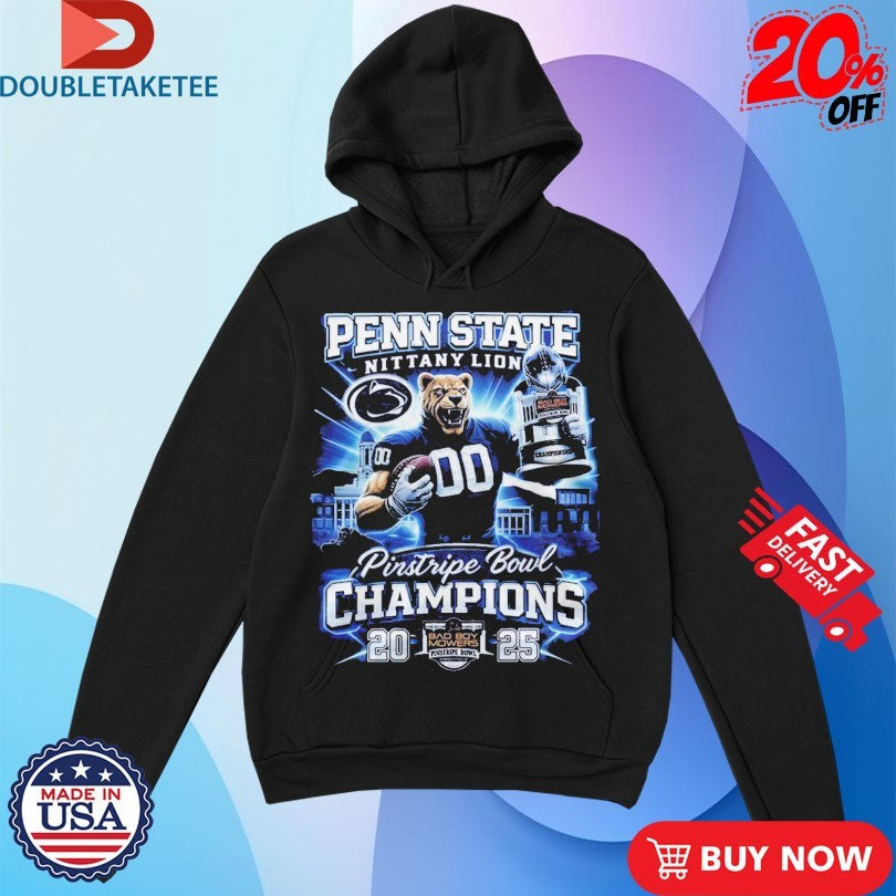 Official Penn State Nittany Lions 2025 Pinstripe Bowl Champions Mascot Trophy Shirts