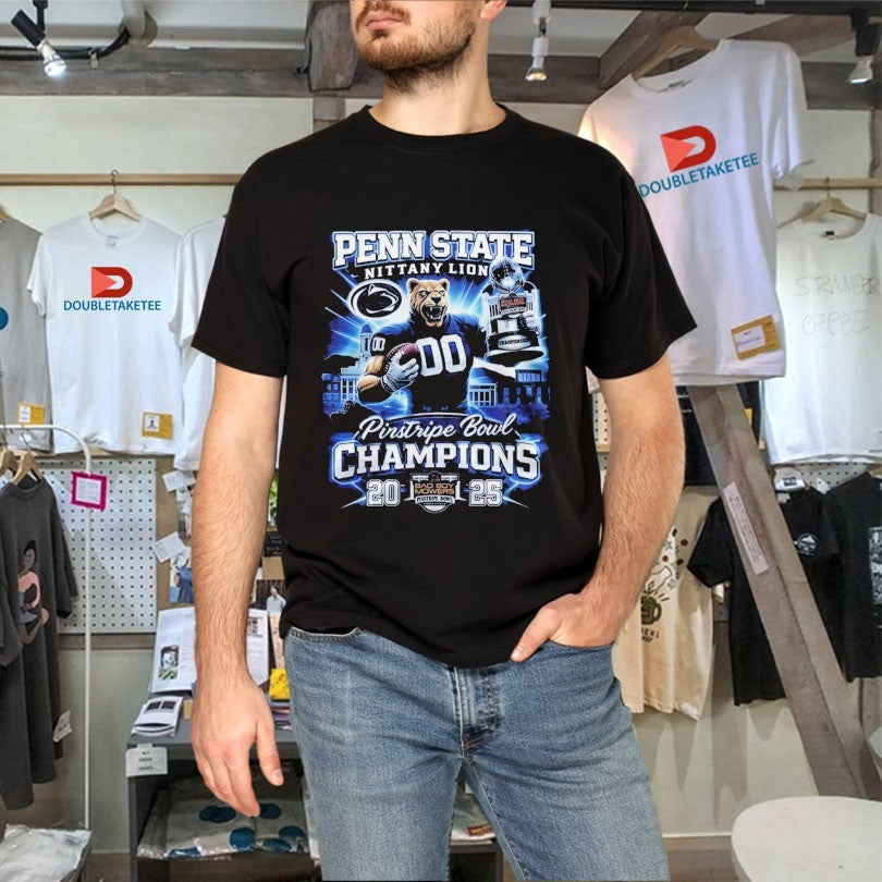 Official Penn State Nittany Lions 2025 Pinstripe Bowl Champions Mascot Trophy Shirts