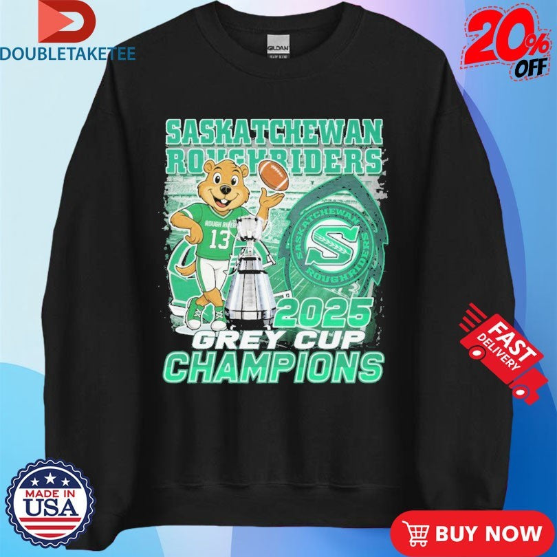 Official Saskatchewan Roughriders 2025 Grey Cup Champions Trophies Mascot Shirts