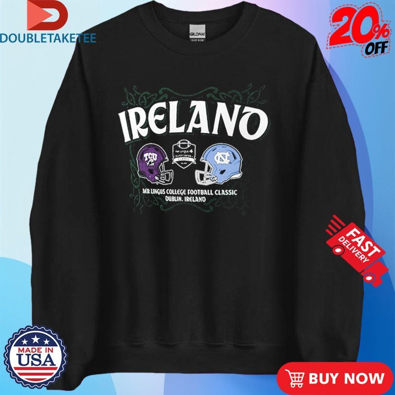 Official TCU Horned Frogs vs North Carolina Tar Heels Ireland Aer Lingus College Football Classic 2026 Helmets Shirts