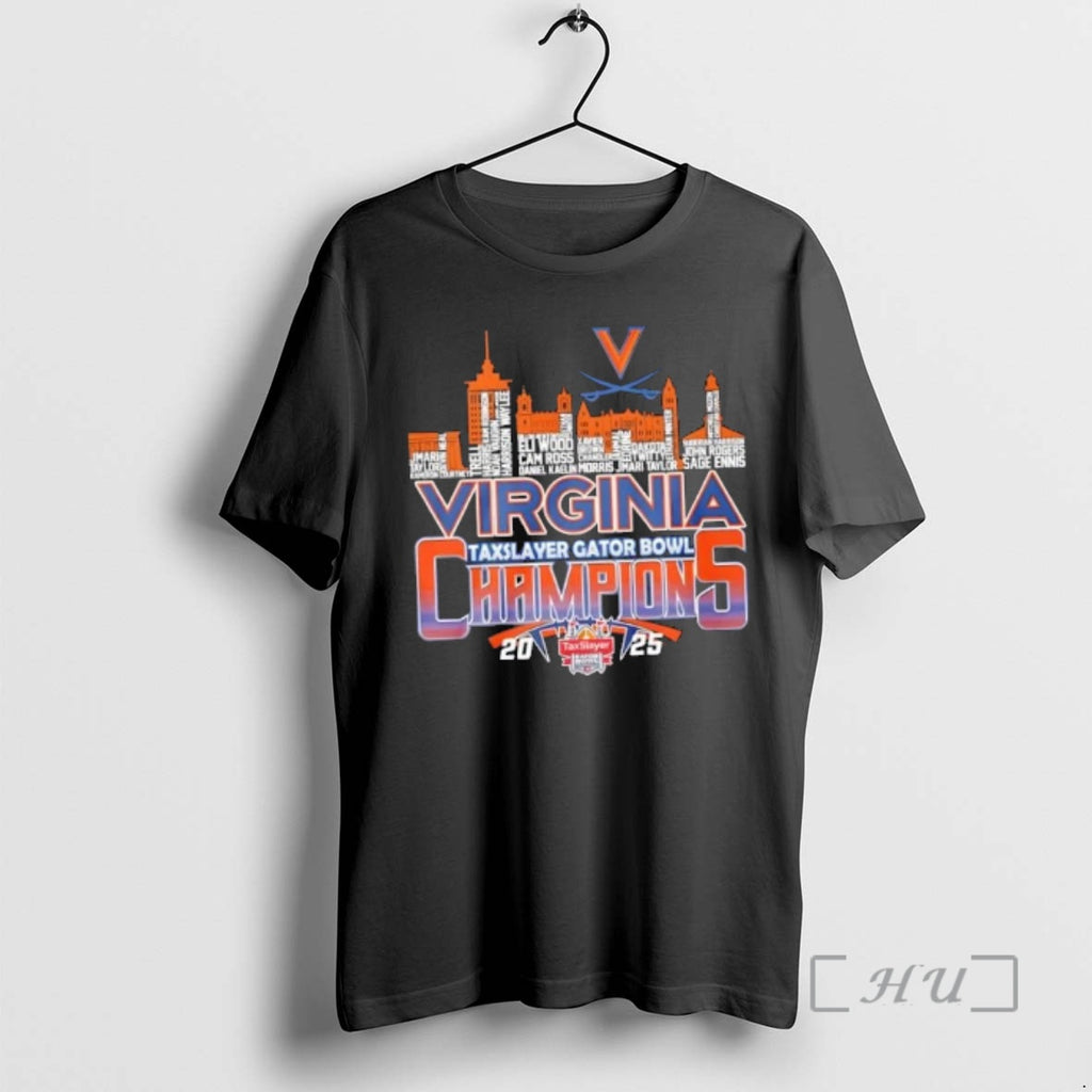 Officials 2025 Taxslayer Gator Bowl Champions Virginia Cavaliers All Names City Skyline Premium T Shirts Hoodie, Sweatshirt