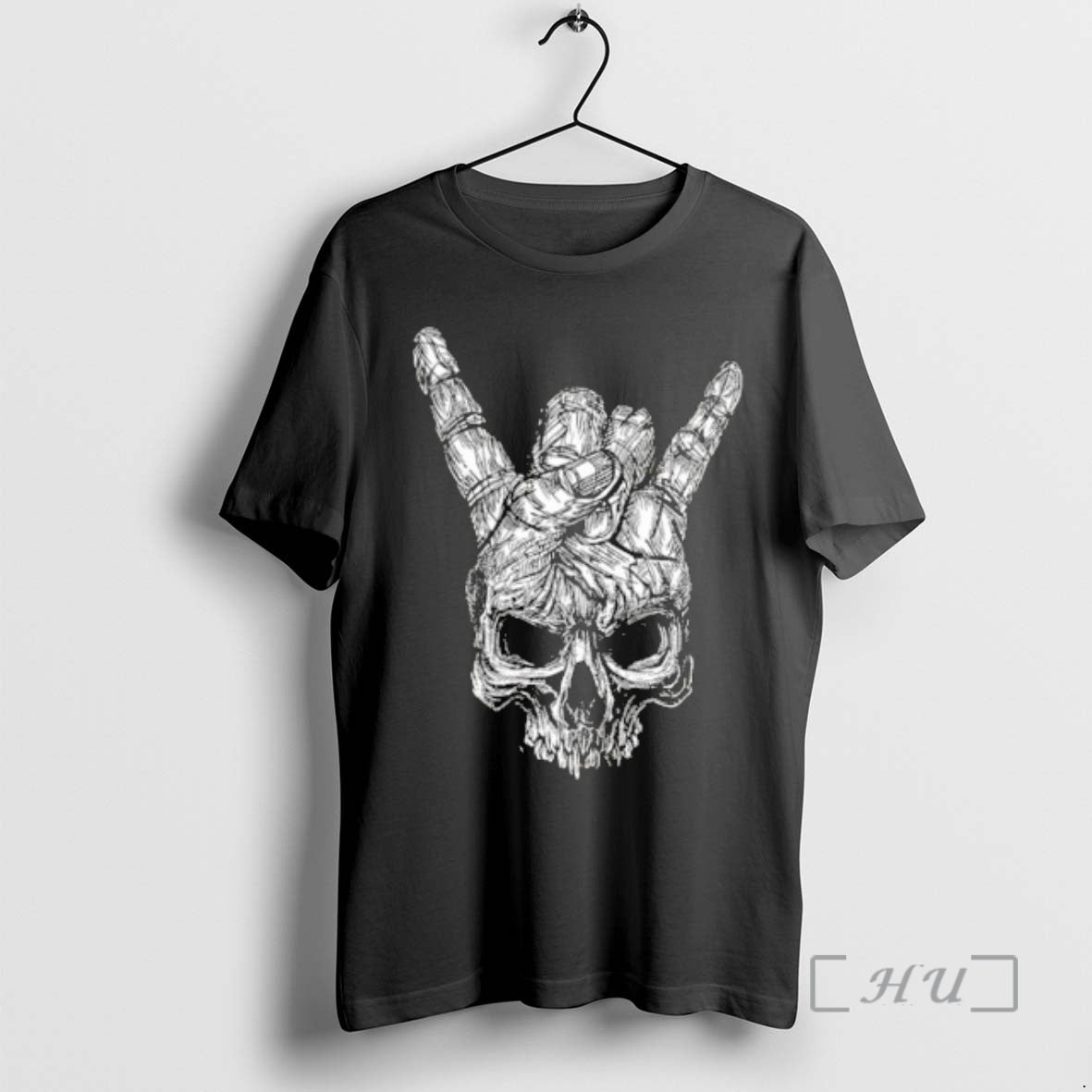 Officials Black And White Sketch Skull With Rock And Roll Horns Hand Gesture Premium T-Shirts, Hoodie, Sweatshirt