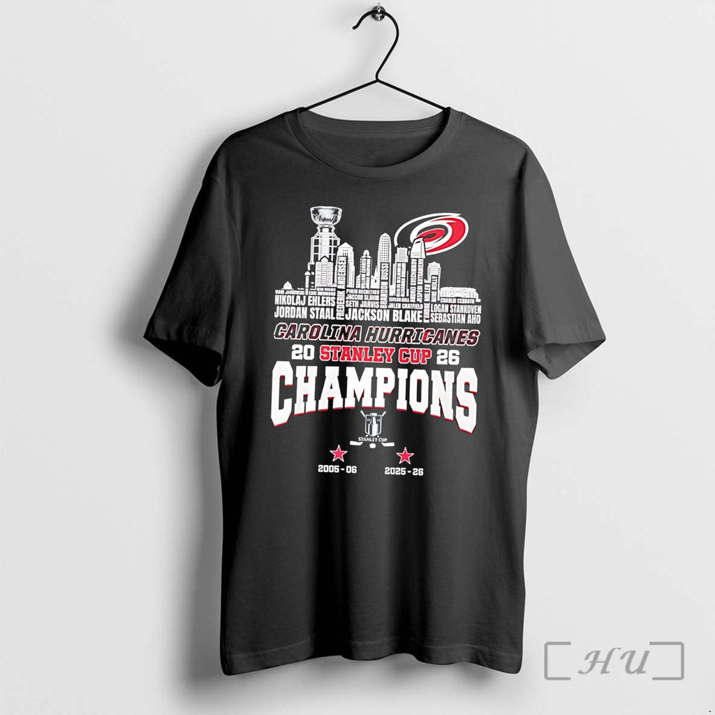 Officials Carolina Hurricanes 2026 Stanley Cup Champions Trophy Alongside City Skyline Tee Premium T Shirts