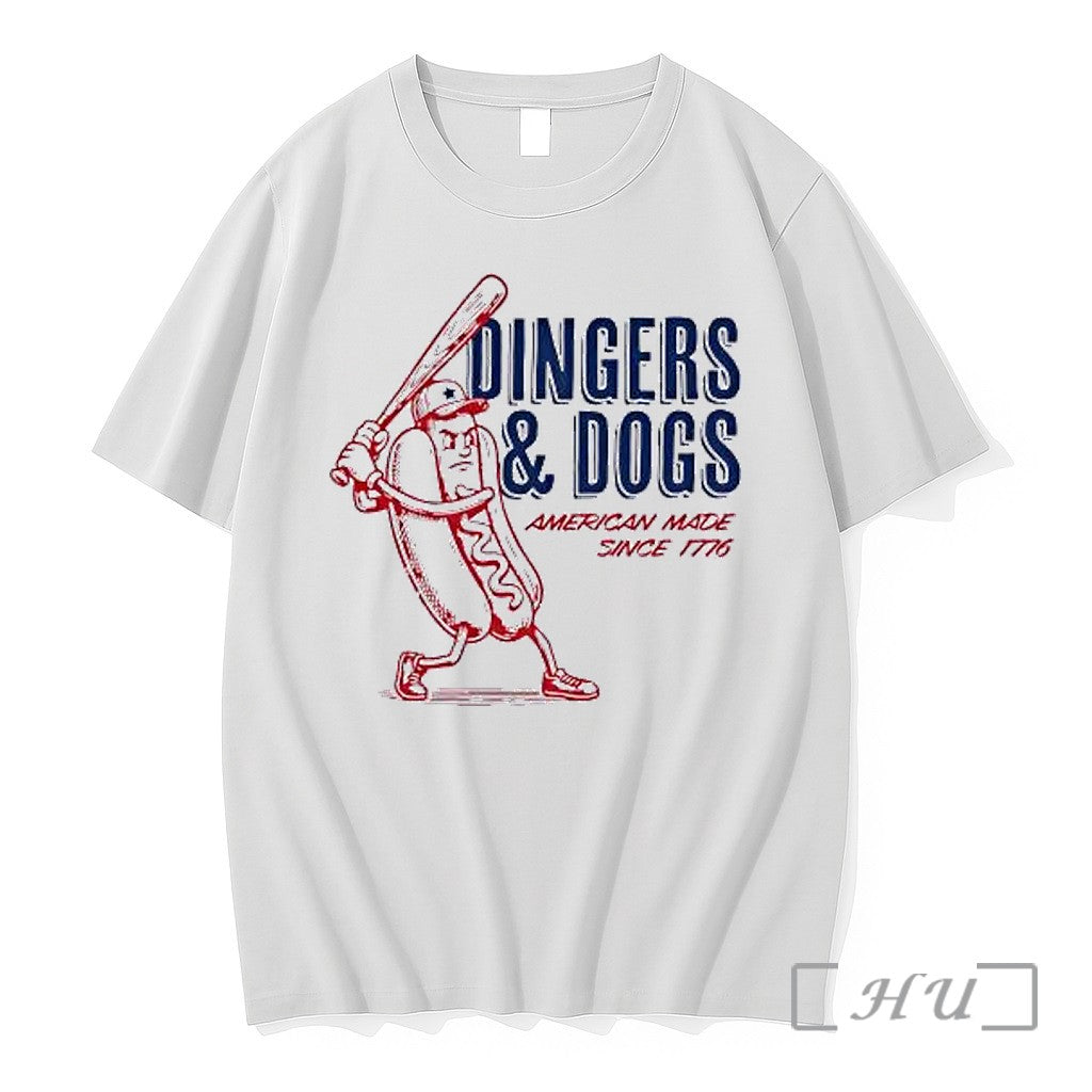 Officials Dingers And Dogs American Made Since 1776 Baseball Hot Dog Cartoon Premium T Shirts