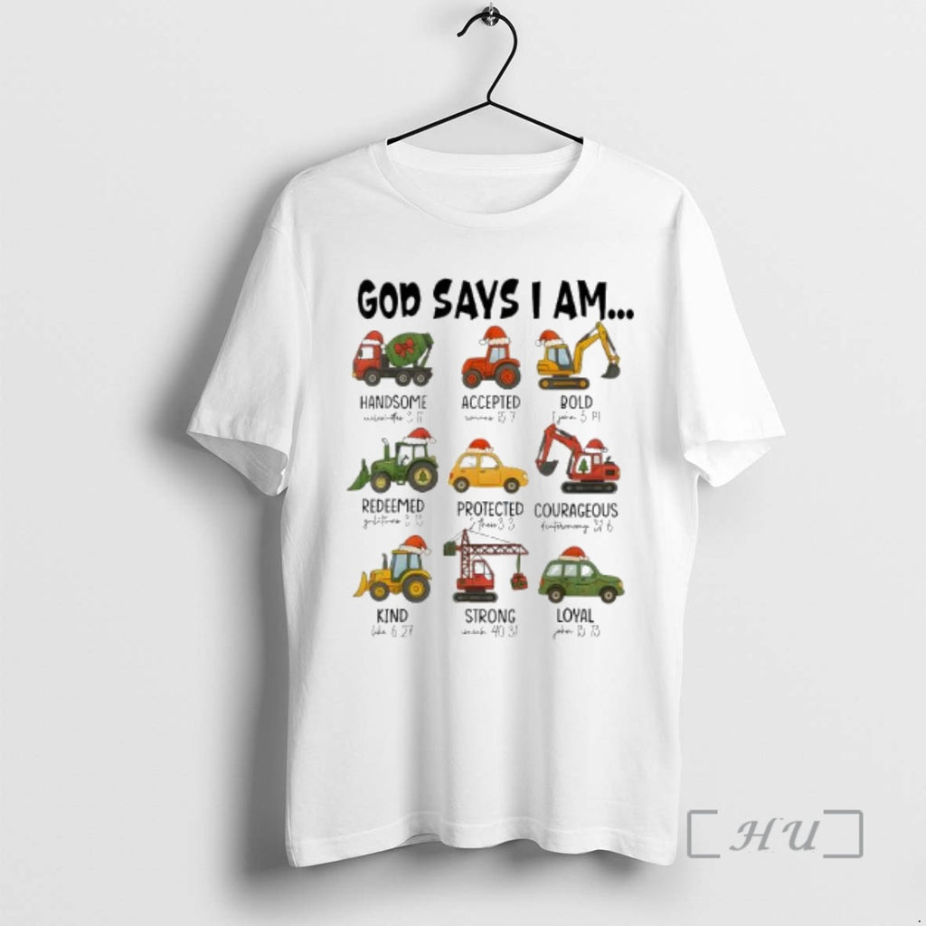 Officials God Says I Am Christmas Construction Trucks Bible Verse T-Shirts, Hoodie, Sweatshirt | DripVista.com
