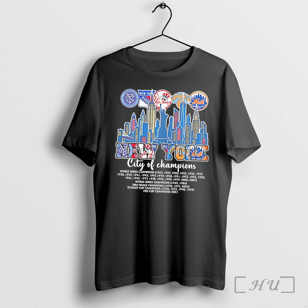 Officials New York City Of Champions Skyline And Logos Tee