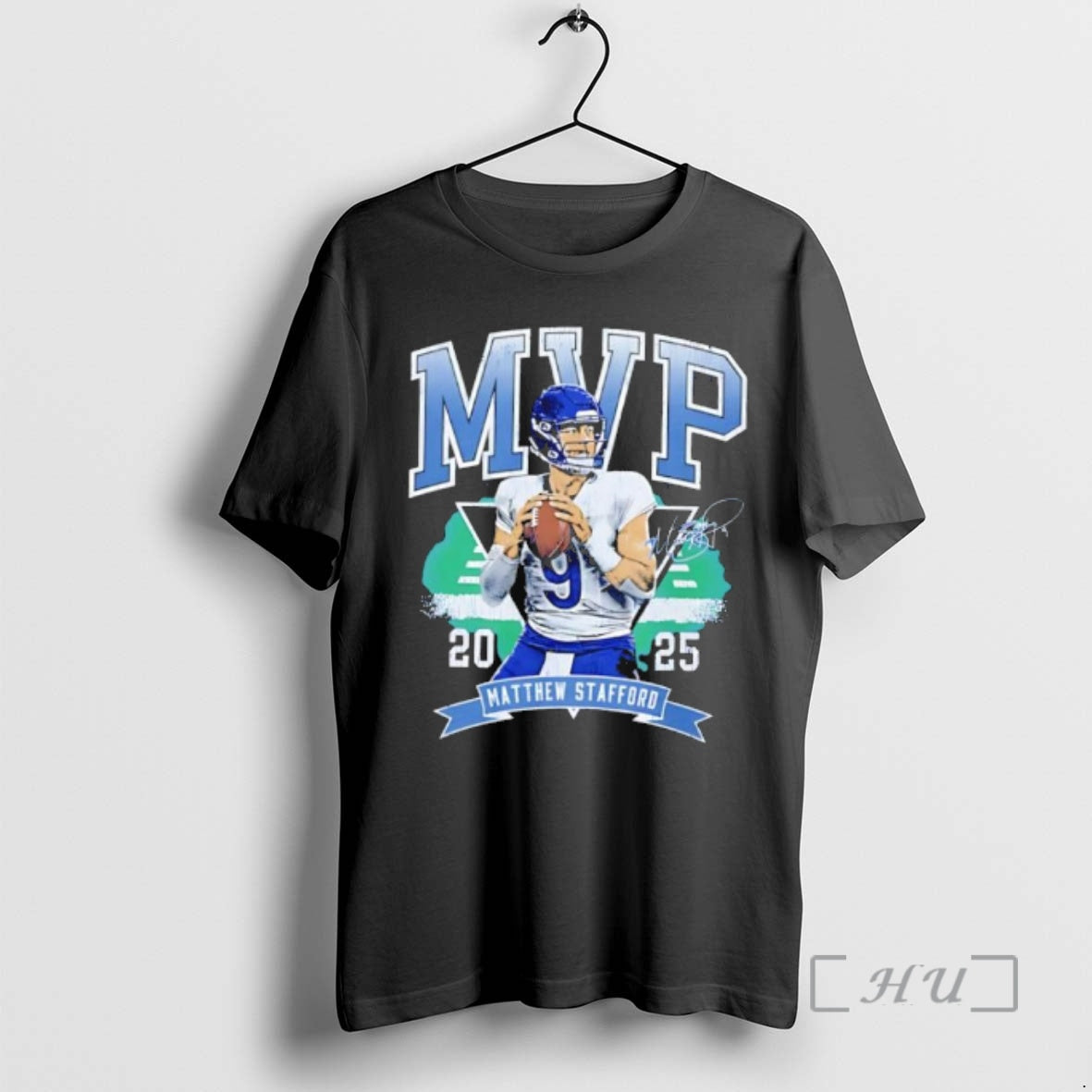 Officials Nice 2025 Mvp Matthew Stafford Quarterback Blue Jersey Action Football Premium T Shirts Sweater Hoodie, Sweatshirt