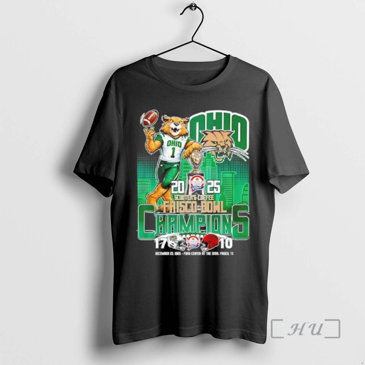 Officials Ohio Bobcats 2025 Scooters Coffee Frisco Bowl Champions City Skyline Premium T Shirts Sweater Hoodie, Sweatshirt