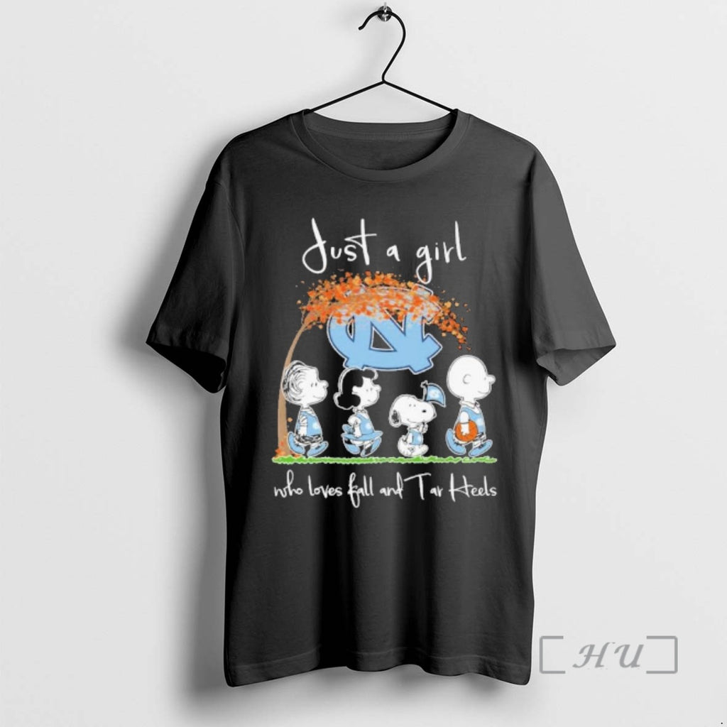 Officials The Peanuts Just A Girl Who Loves Fall And Unc Tar Heels Basketball Premium T-Shirts, Hoodie, Sweatshirt