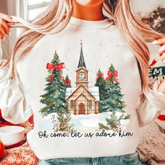 Oh Come Let Us Adore Him Shirt, Jesus Christmas Shirt, Coquette Christmas Tree, Hand Drawn, Christian Christmas Sweatshirt