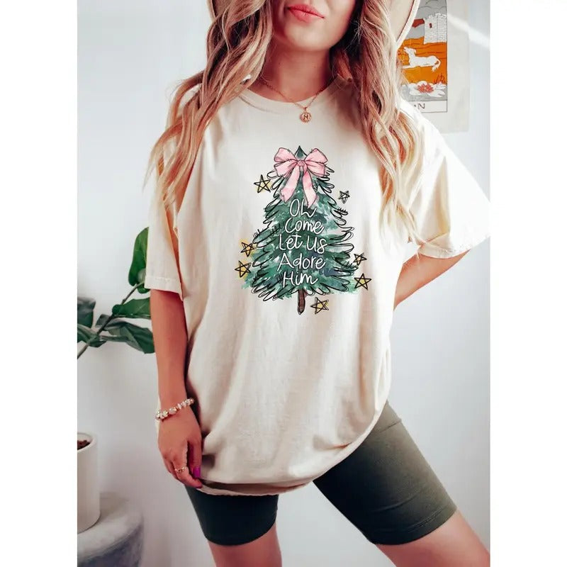 Oh Come Let Us Adore Him Shirt, Religious Christmas Gifts, Christian Christmas Hoodie Cotton Womenswear Sweatshirt