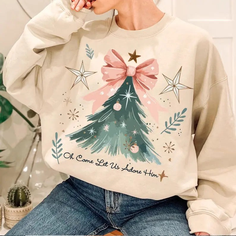 Oh Come Let Us Adore Him Sweatshirt, Coquette Bow Christmas Tree Sweatshirt ,Christmas Jesus Tee, Xmas Tree with Bow,...